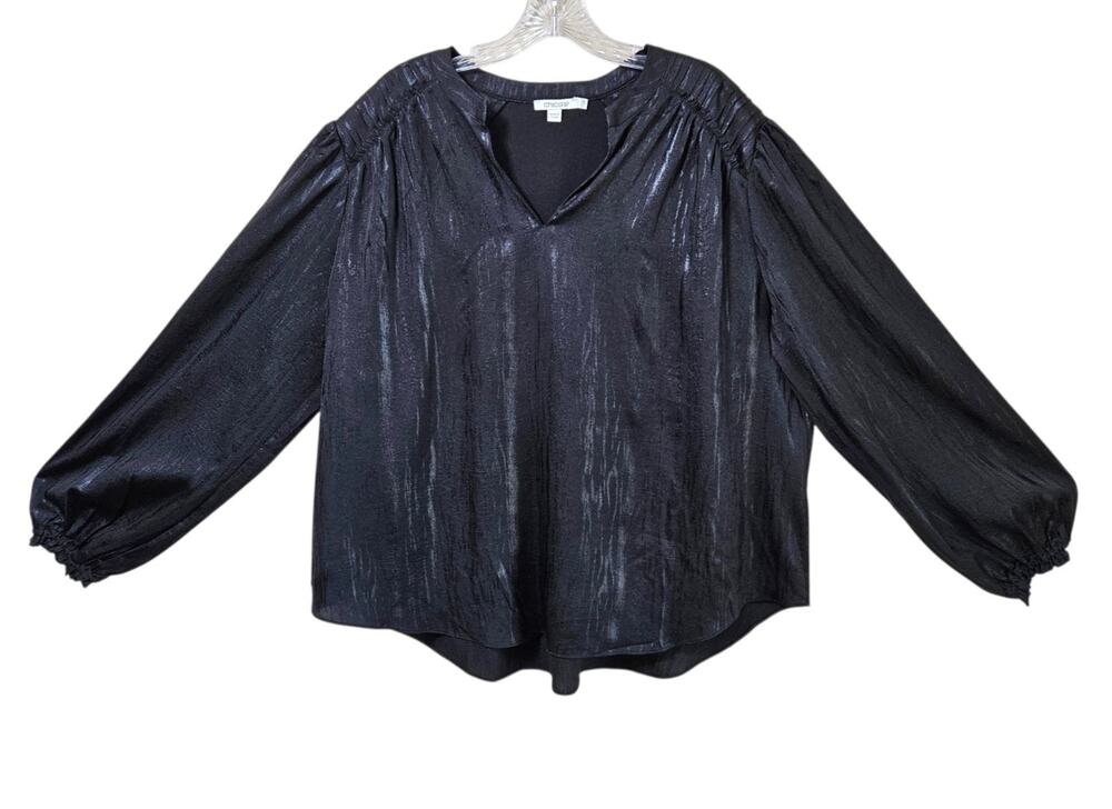 CHICO'S 3.5 Women Plus 18 Blouse Satin Shimmery Black Balloon Sleeve Pleated 50"